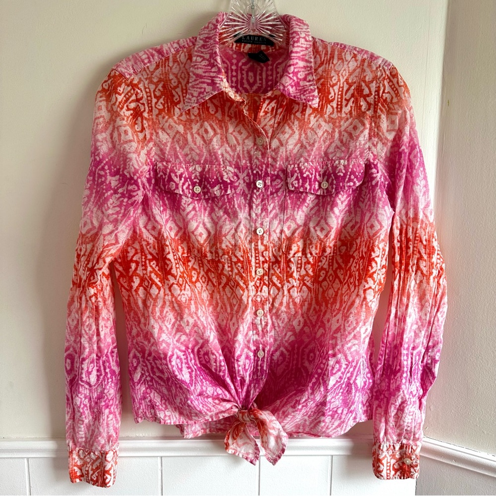 Lauren Ralph Lauren Button Down Lightweight Shirt Pink/Orange Ikat Ombre Women S